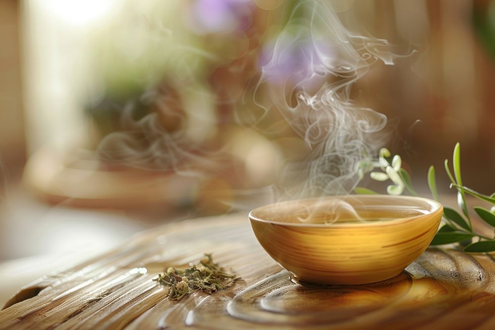 Aromatherapy incense and bowl drink tea refreshment.