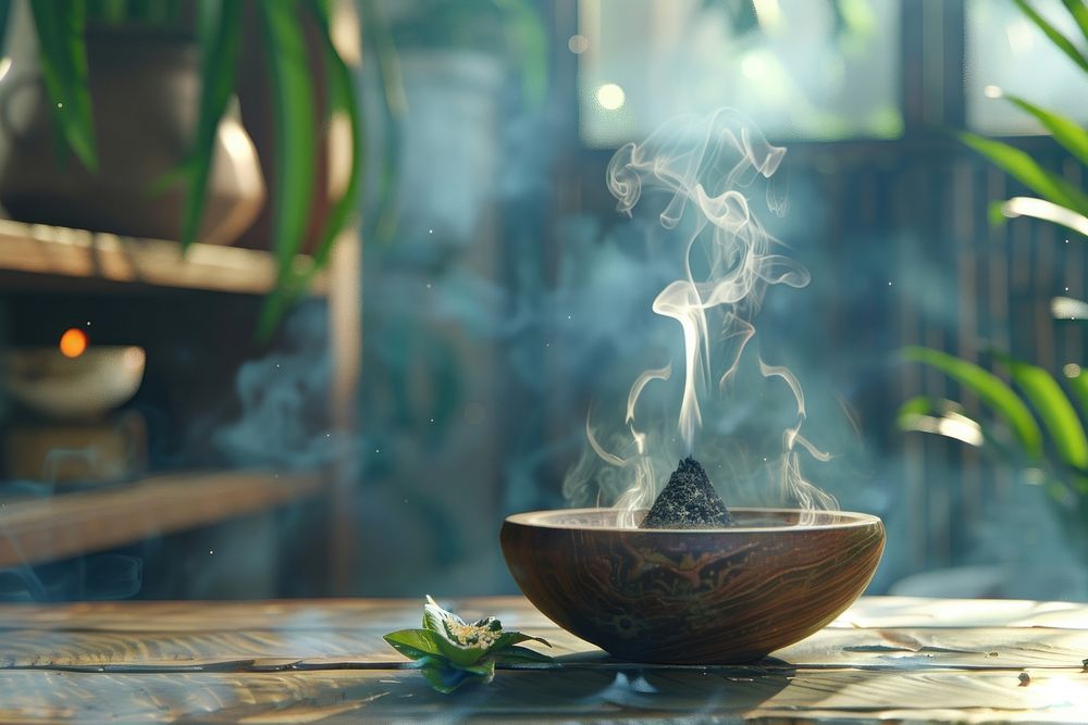Aromatherapy incense and bowl smoke zen-like outdoors.