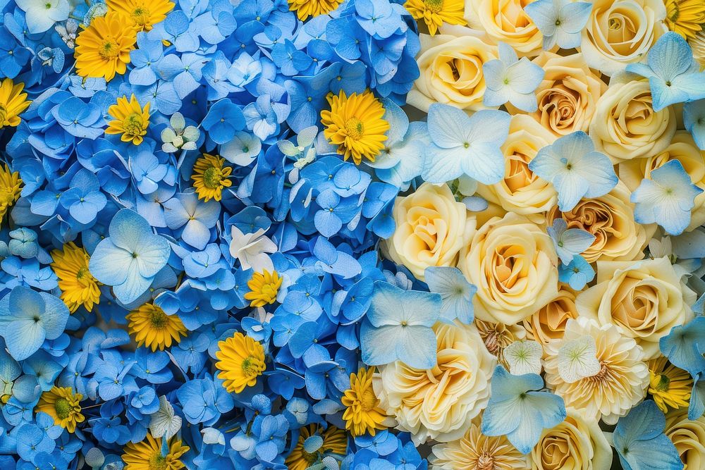 Bouquet from blue hydrangeas and yellow asters flower backgrounds outdoors.