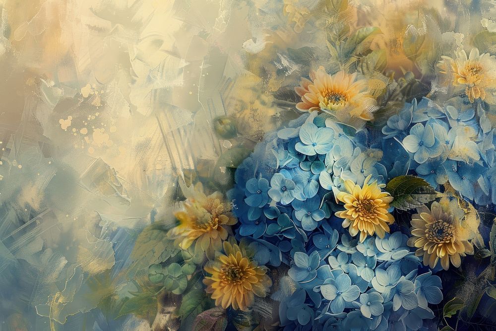 Bouquet from blue hydrangeas and yellow asters flower backgrounds painting.