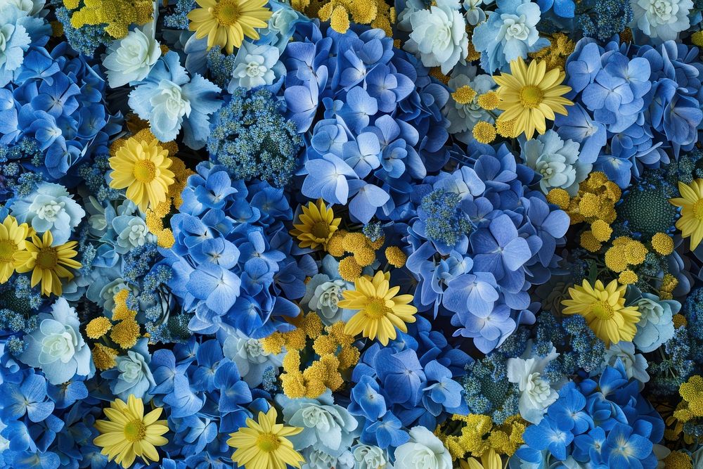 Bouquet from blue hydrangeas and yellow asters flower backgrounds outdoors.