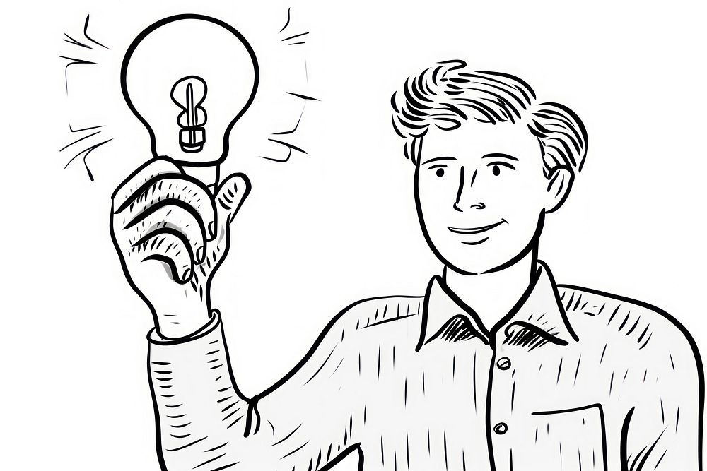 Person holding light bulb drawing lightbulb cartoon.