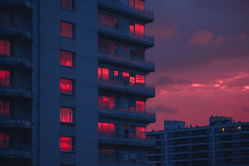 Exterior of highrise building at dusk architecture outdoors city.