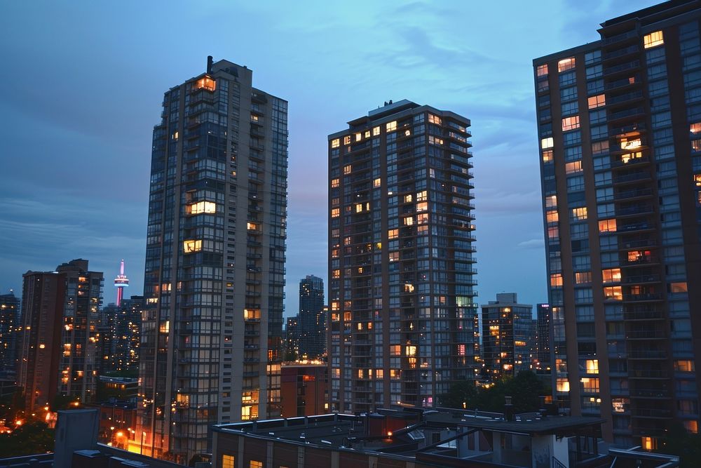 Exterior of highrise building at dusk architecture cityscape neighbourhood.