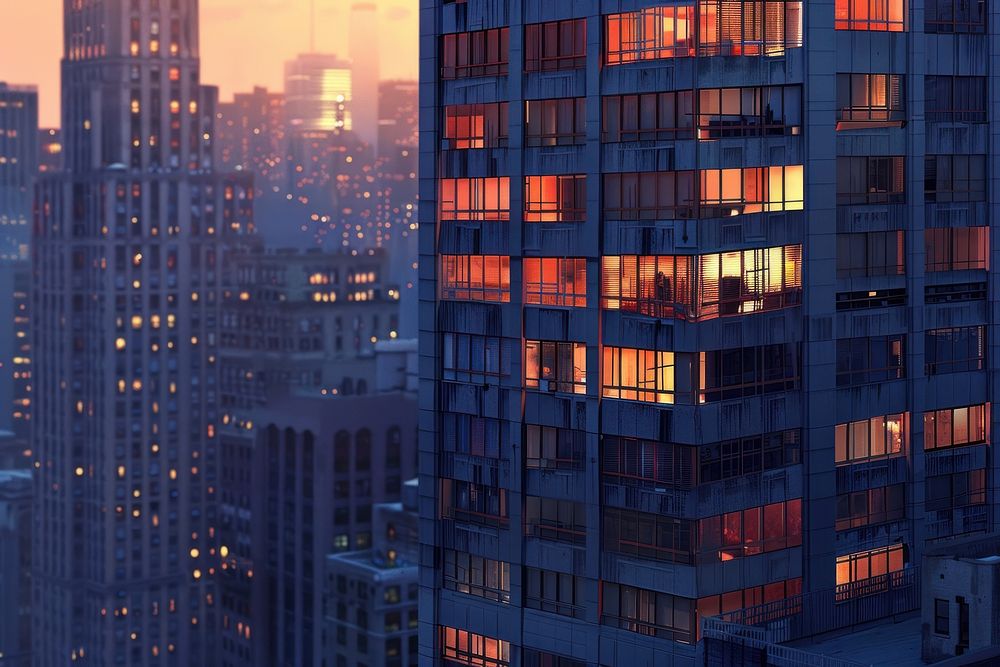 Exterior of highrise building at dusk architecture metropolis cityscape.