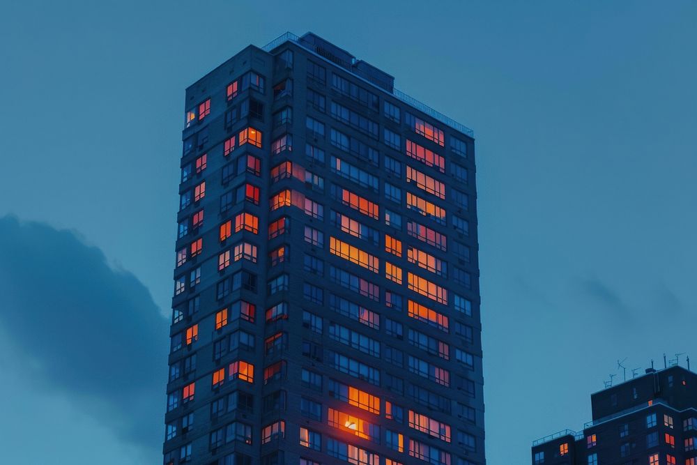 Exterior of highrise building at dusk architecture city condominium.