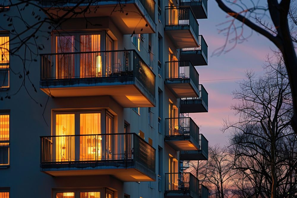 Exterior of highrise building at dusk architecture balcony city.
