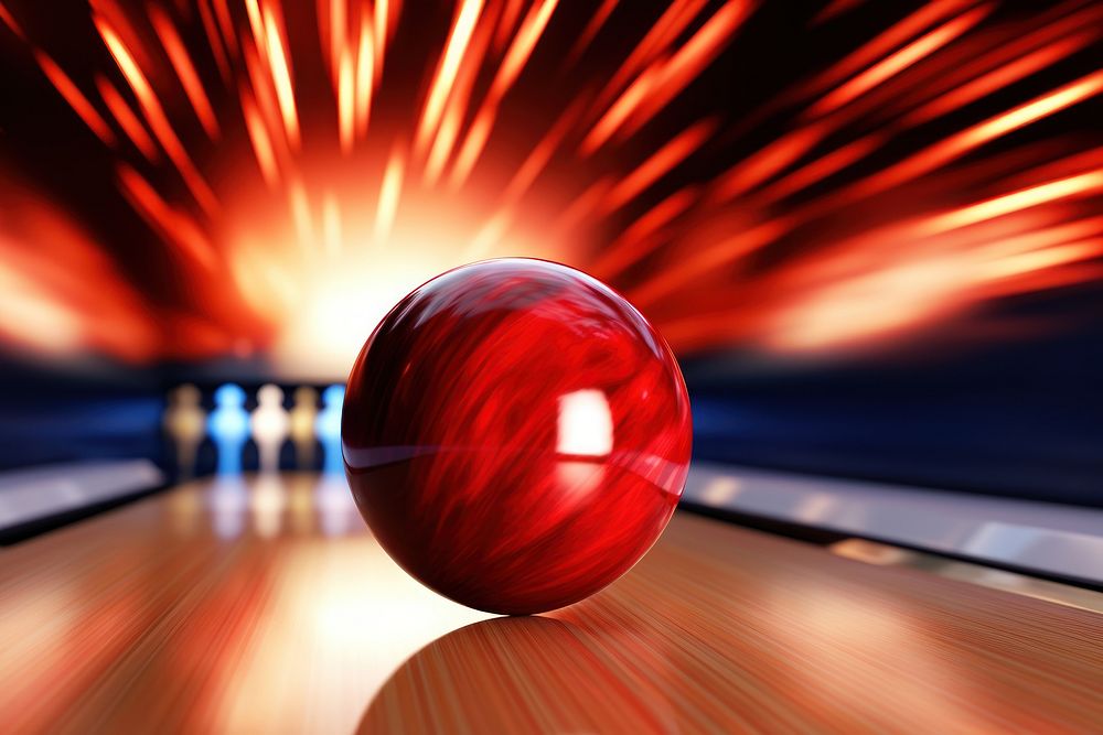 Bowling ball striking a set of pins sphere sports illuminated.