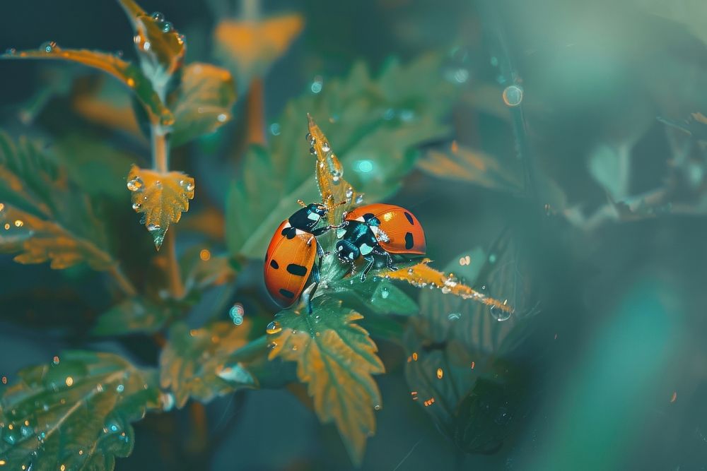 Ladybug on green leaves nature outdoors animal.