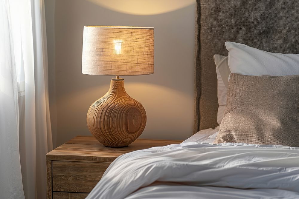 Bedside table lamp bed furniture pillow.