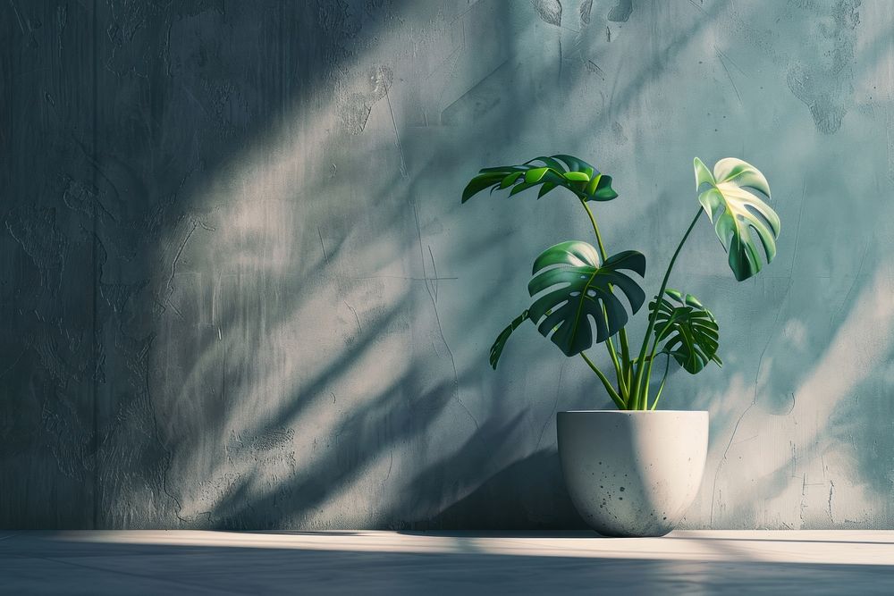 Monstera flower in a white pot plant shadow leaf.