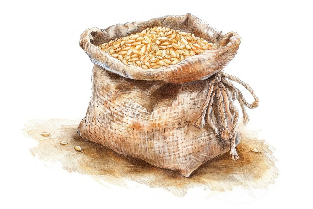 Rice in bag grain food white background.