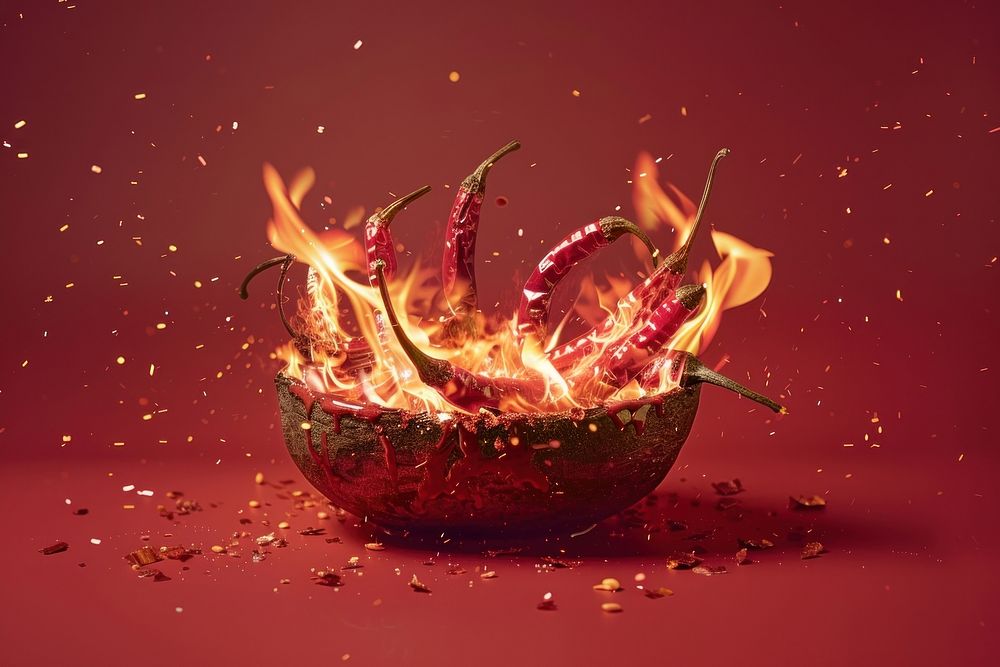 Realistic chili on fire food red pomegranate.