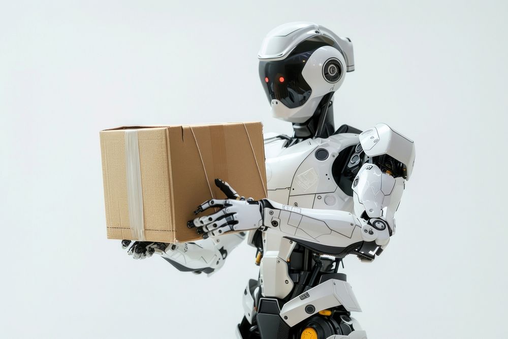 Robot holding parcel futuristic cardboard box.
