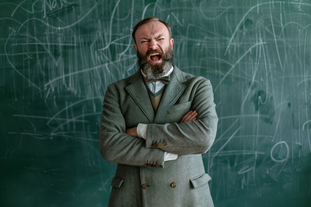 Angry teacher blackboard classroom education.
