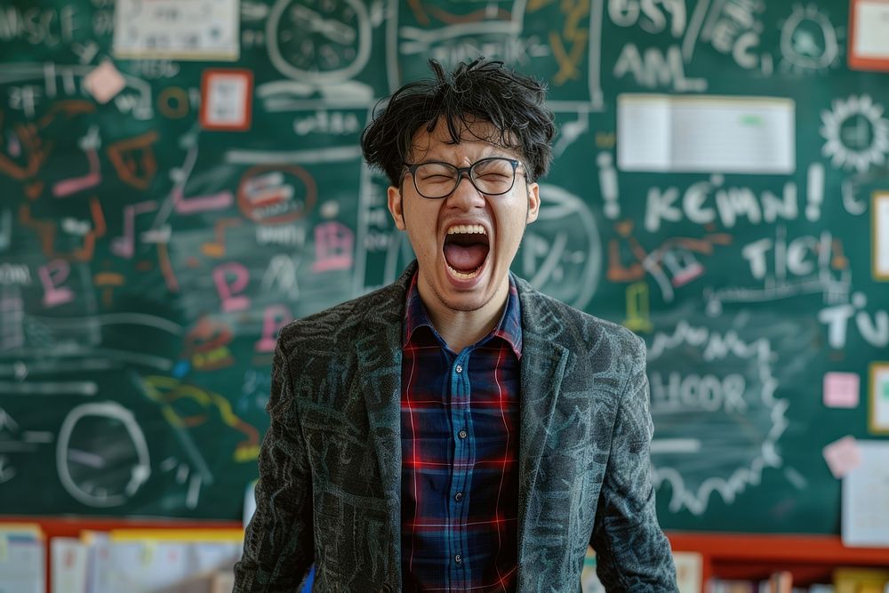Angry asian teacher classroom shouting glasses.