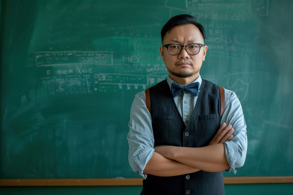 Angry asian teacher blackboard classroom education.