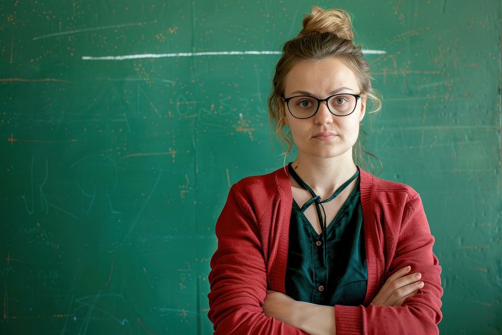 Angry female teacher education classroom glasses.