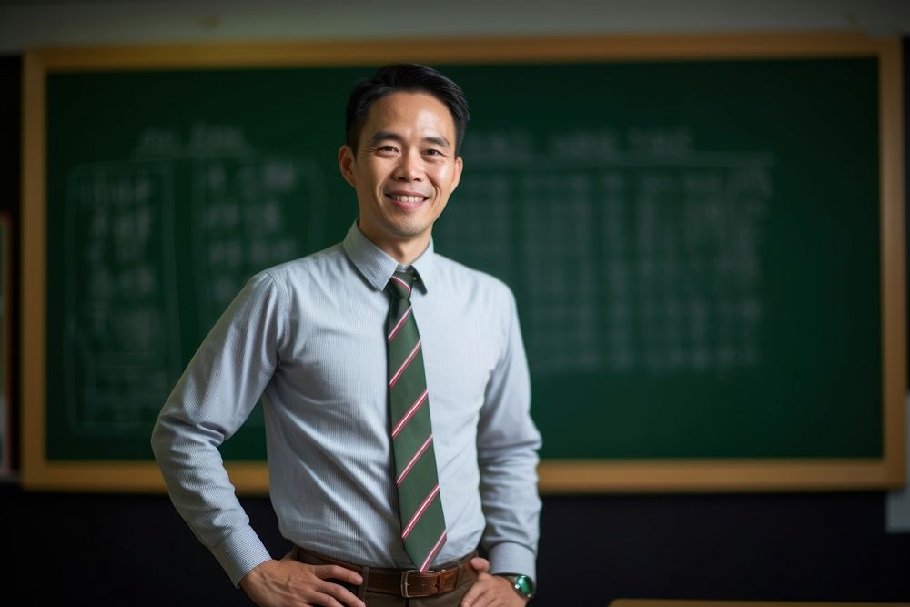Asian teacher blackboard education shirt.