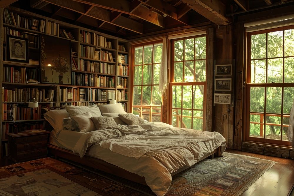 Bed room interior architecture furniture bookshelf.