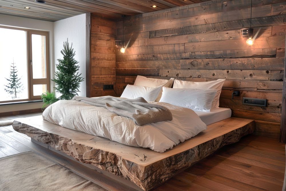 Bed room interior furniture hardwood architecture.