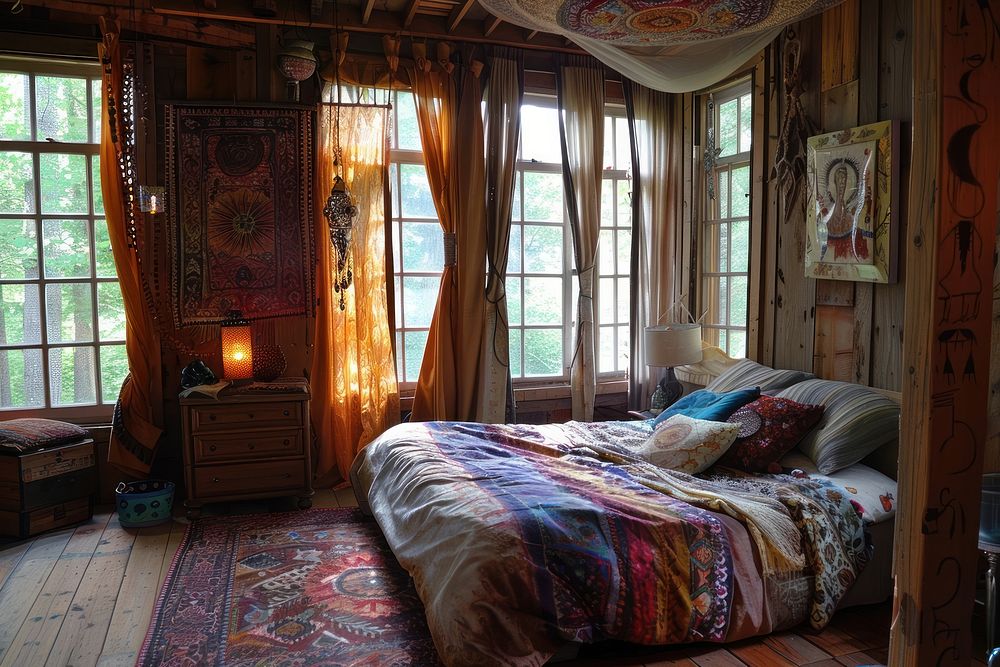 Bohemian bed room architecture furniture building.