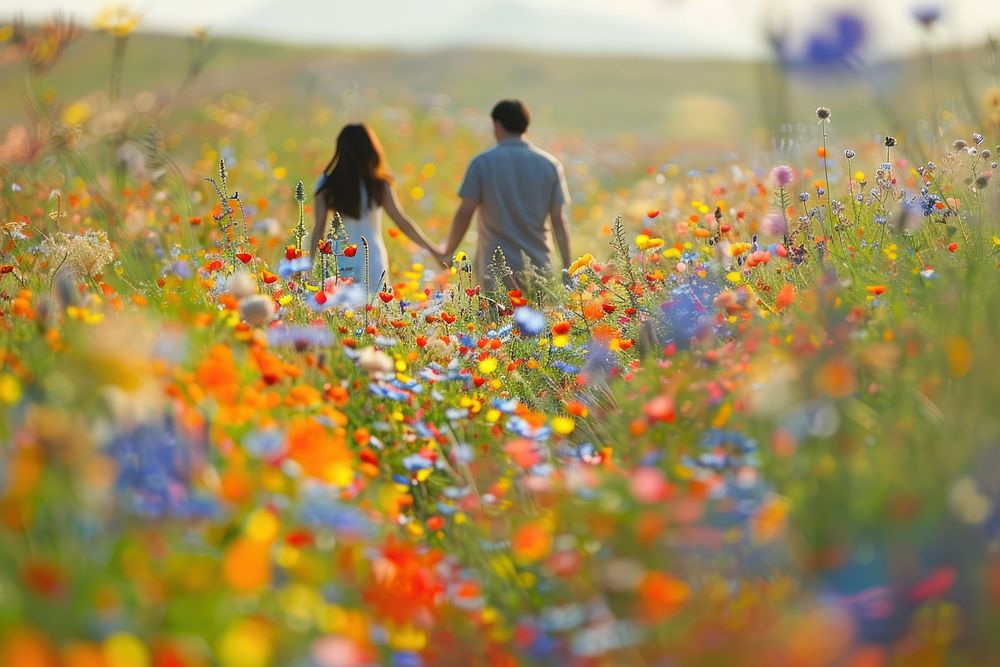 Holding hands flower field grassland.