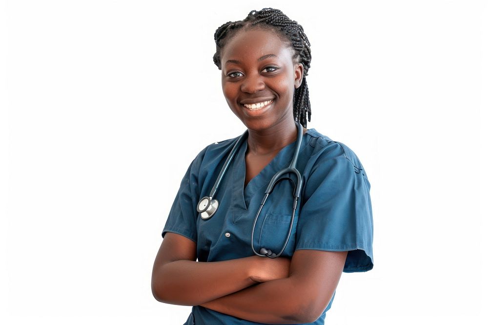 Female nurse portrait smile white background.