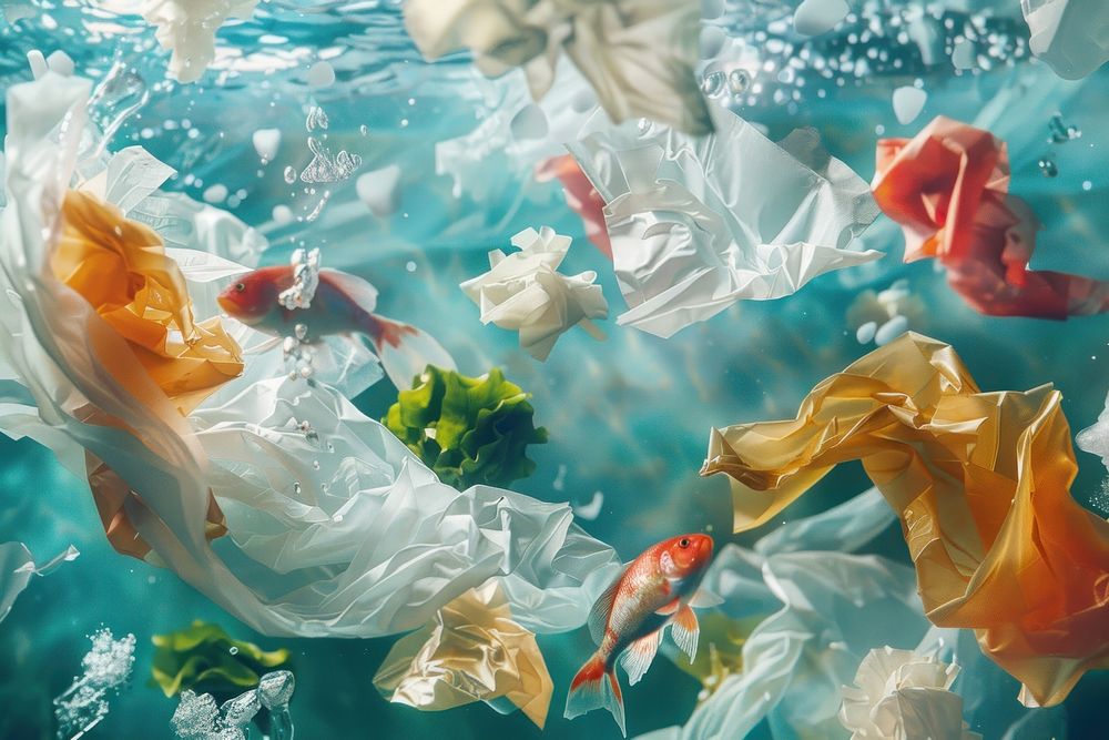 Plastic waste underwater fish transparent.