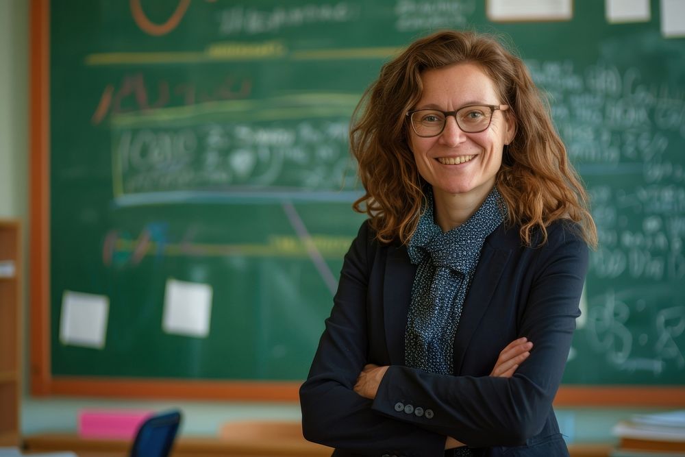 Smiling female teacher education classroom glasses.