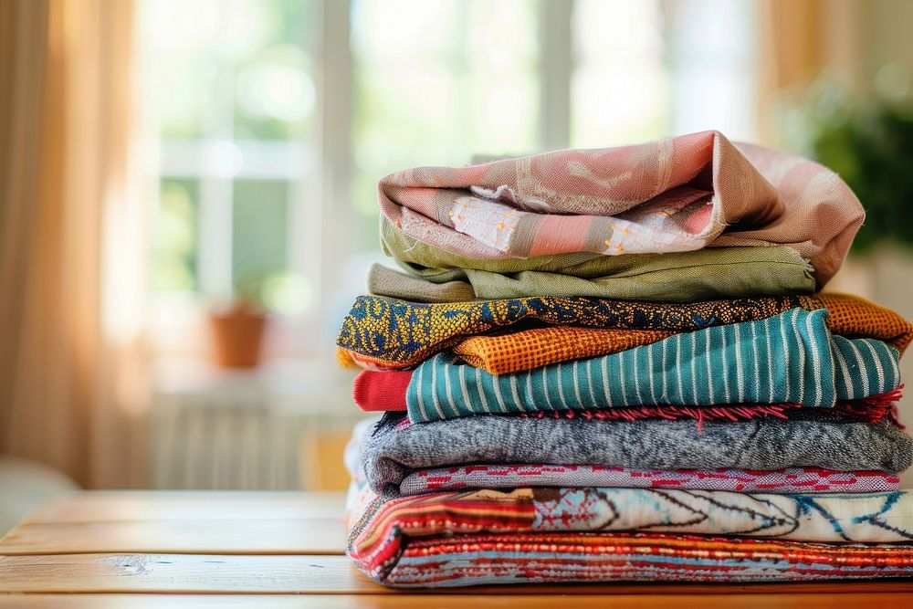 A Stack of colorful clothes laundry blanket furniture.