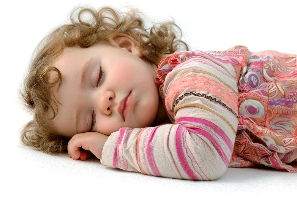 A beautiful sleeping baby girl portrait white background comfortable.