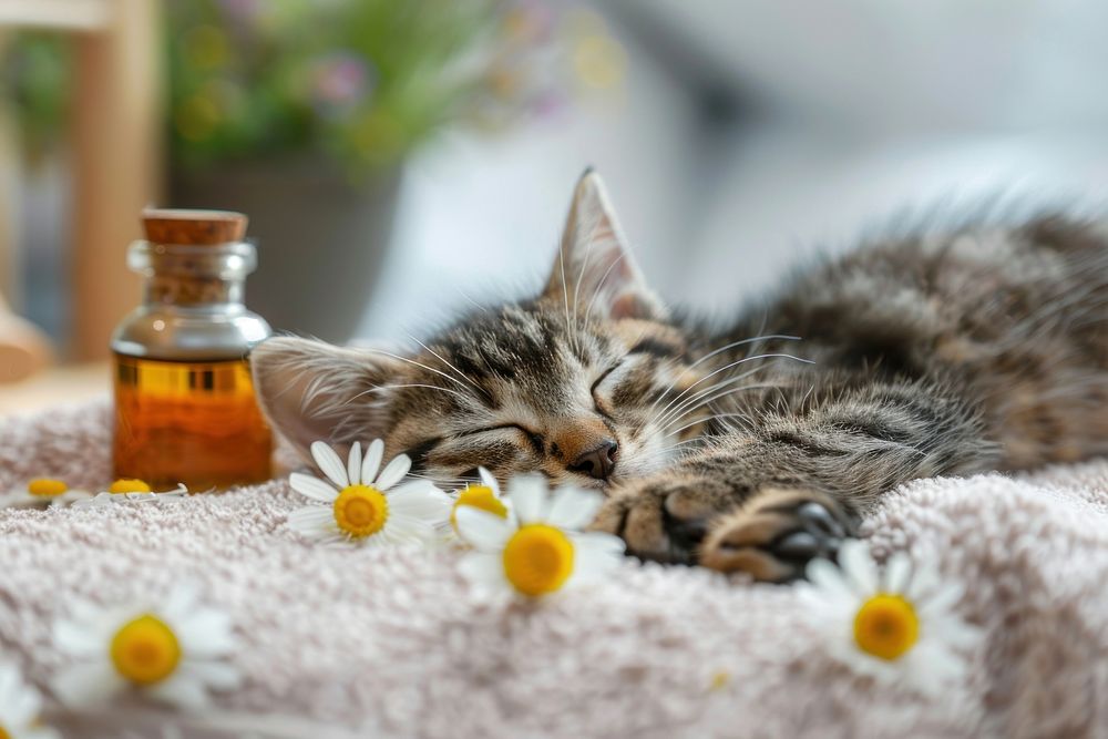 Sleeping cat on a massage towel flower sleeping animal.
