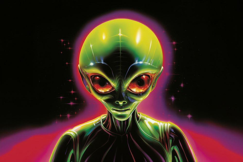 1970s Airbrush Art of alien art illuminated futuristic.