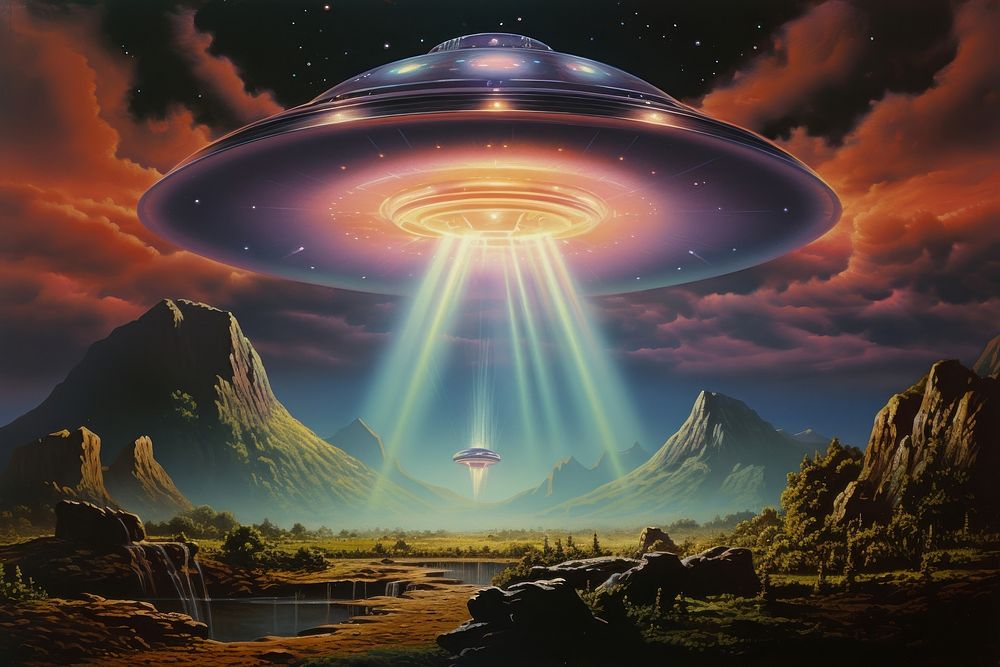 1970s Airbrush Art of ufo landscape astronomy outdoors.