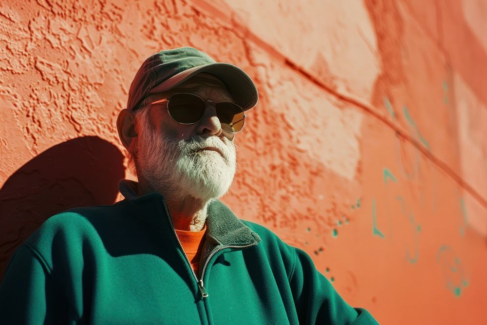 Old man wearing dark green streetwear clothes architecture portrait adult.