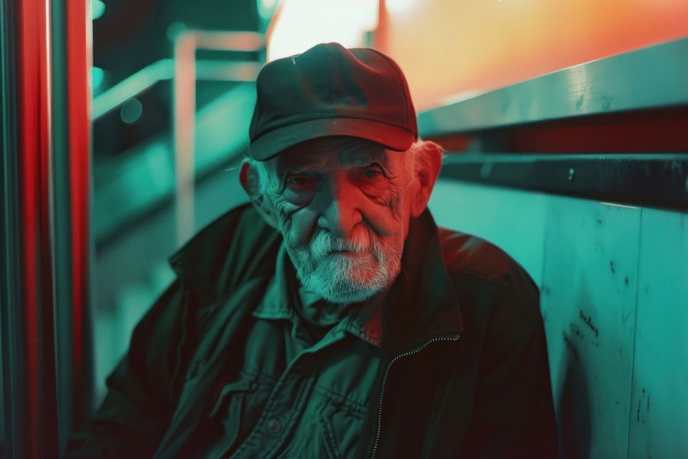 Old man wearing dark green streetwear clothes portrait adult photo.