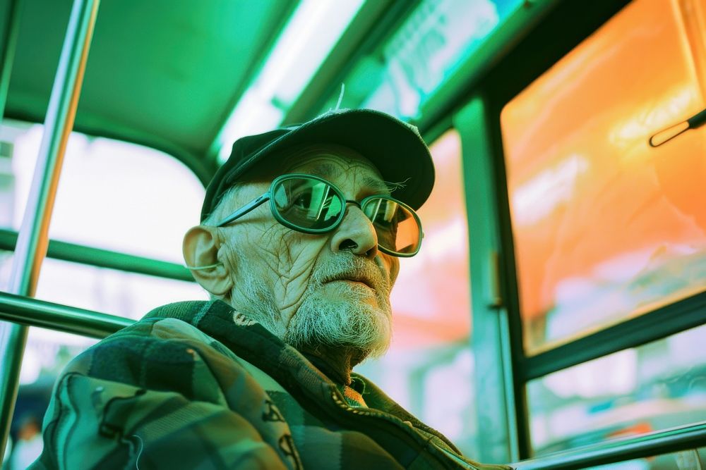 Old man wearing dark green streetwear clothes portrait glasses adult.