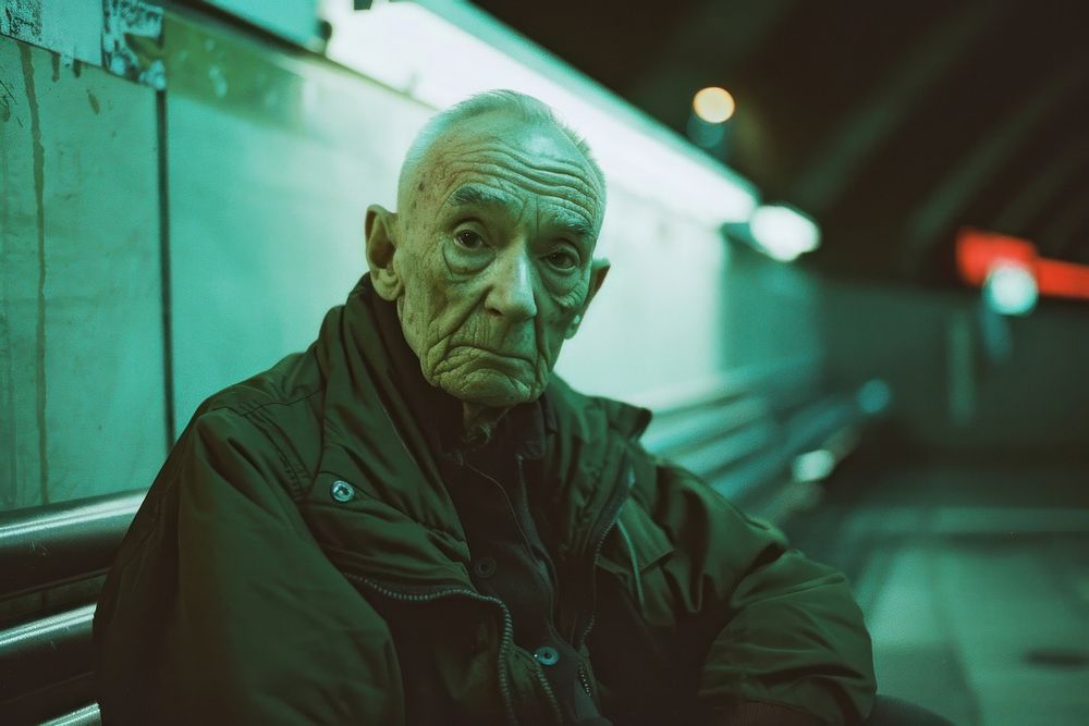 Old man wearing dark green streetwear clothes portrait worried adult.
