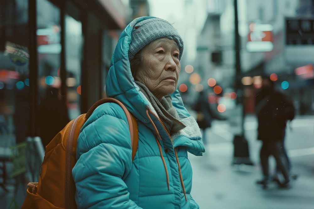 Old woman wearing blue streetwear clothes adult contemplation architecture.