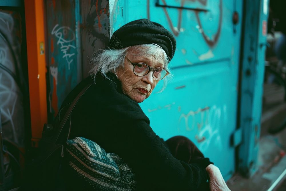 A old woman wearing black streetwear clothes glasses adult contemplation.