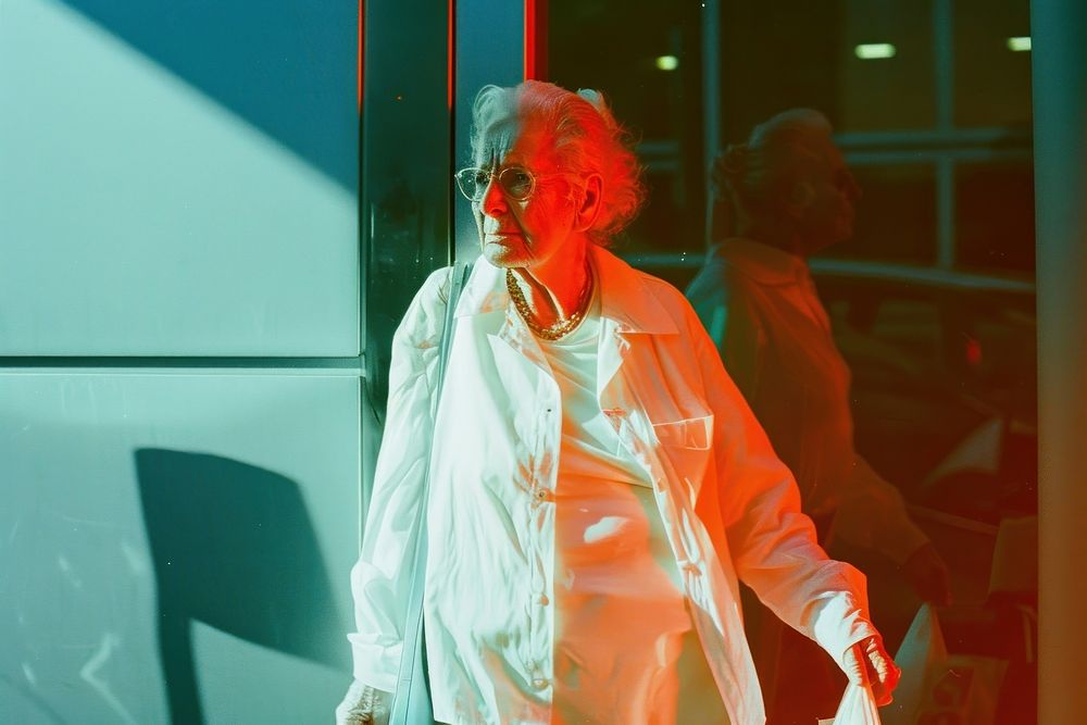 Old woman wearing white streetwear clothes portrait photo architecture.