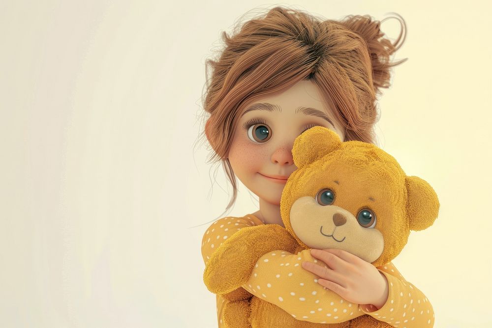 Girl holding teddy bear cartoon doll cute.