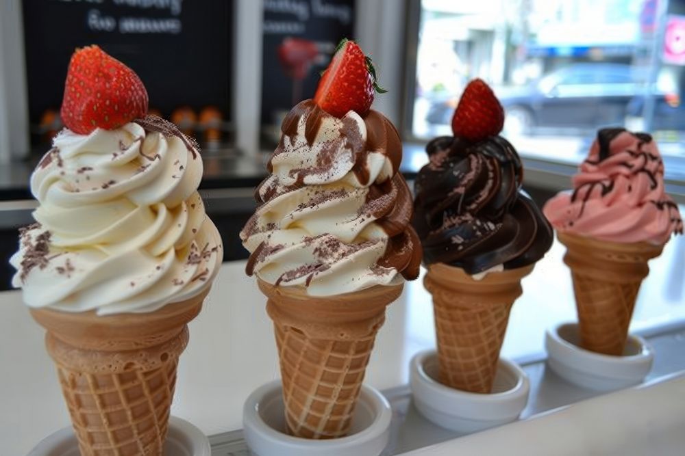 Ice cream cones strawberry chocolate dessert.