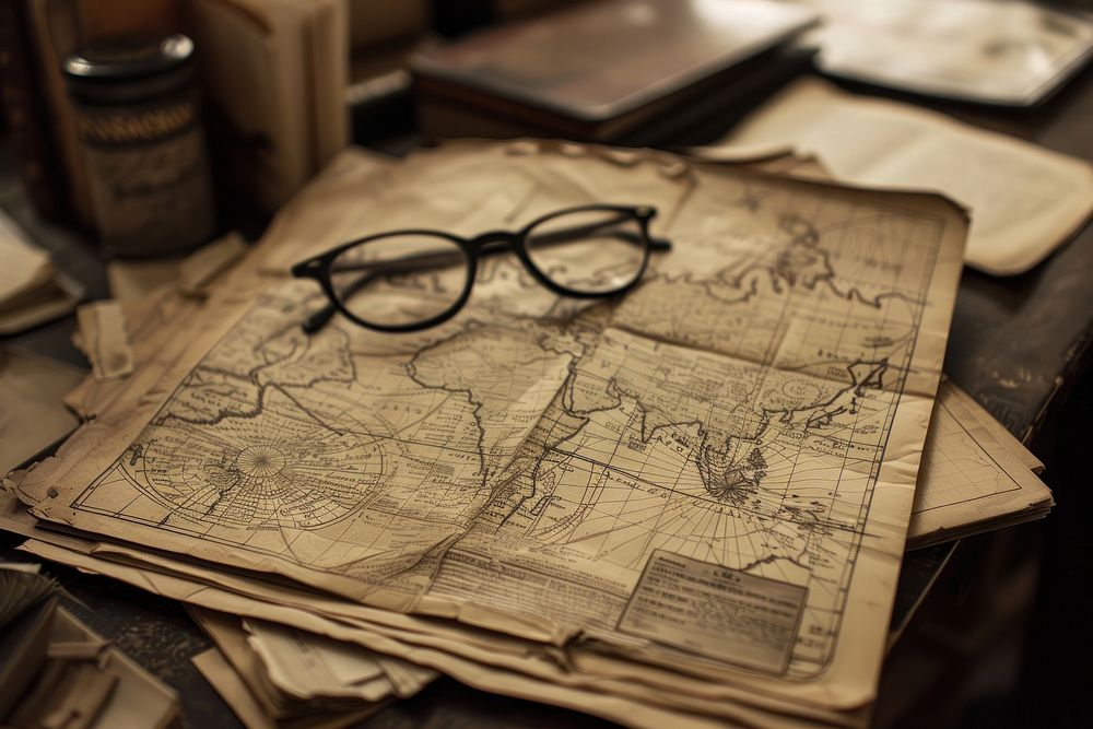 Vintage map glasses handwriting accessories.