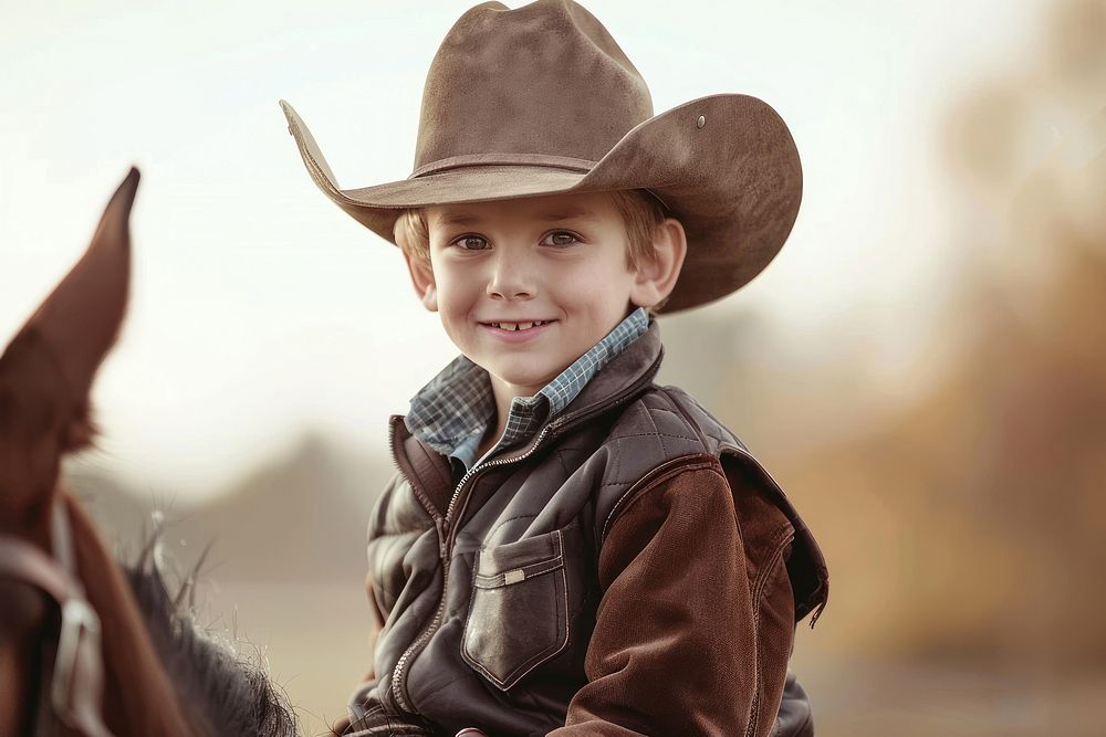Boy in cowboy outfit horse mammal riding.