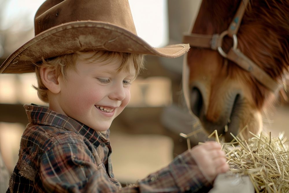 Boy in cowboy outfit horse portrait outdoors.