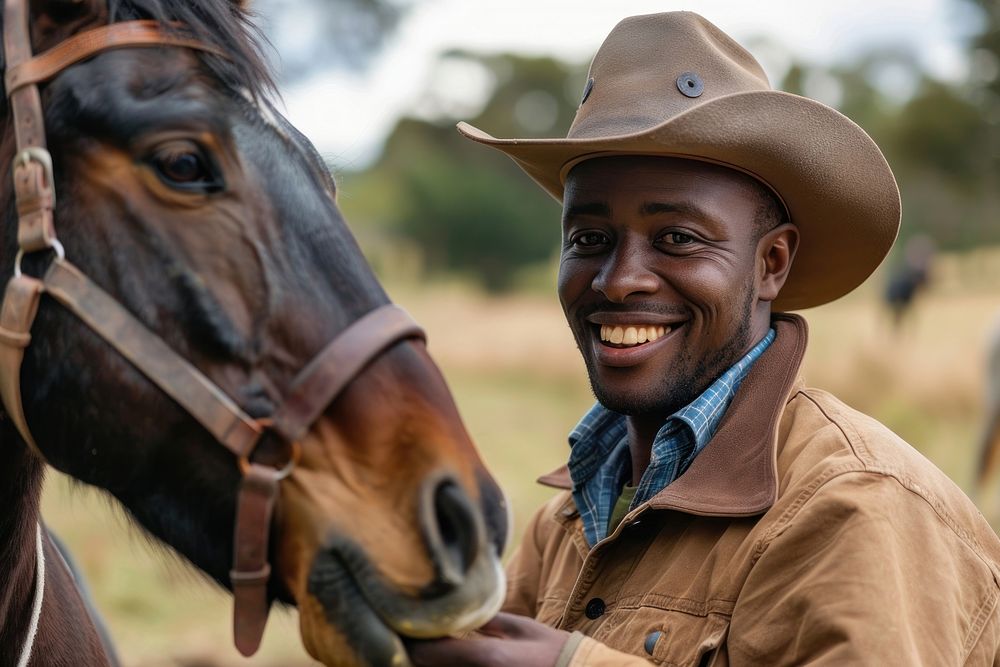 Black man in cowboy outfit horse portrait smiling.