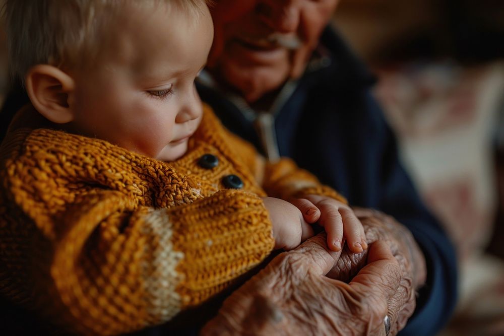 Grandson holding hand elderly portrait photo baby.