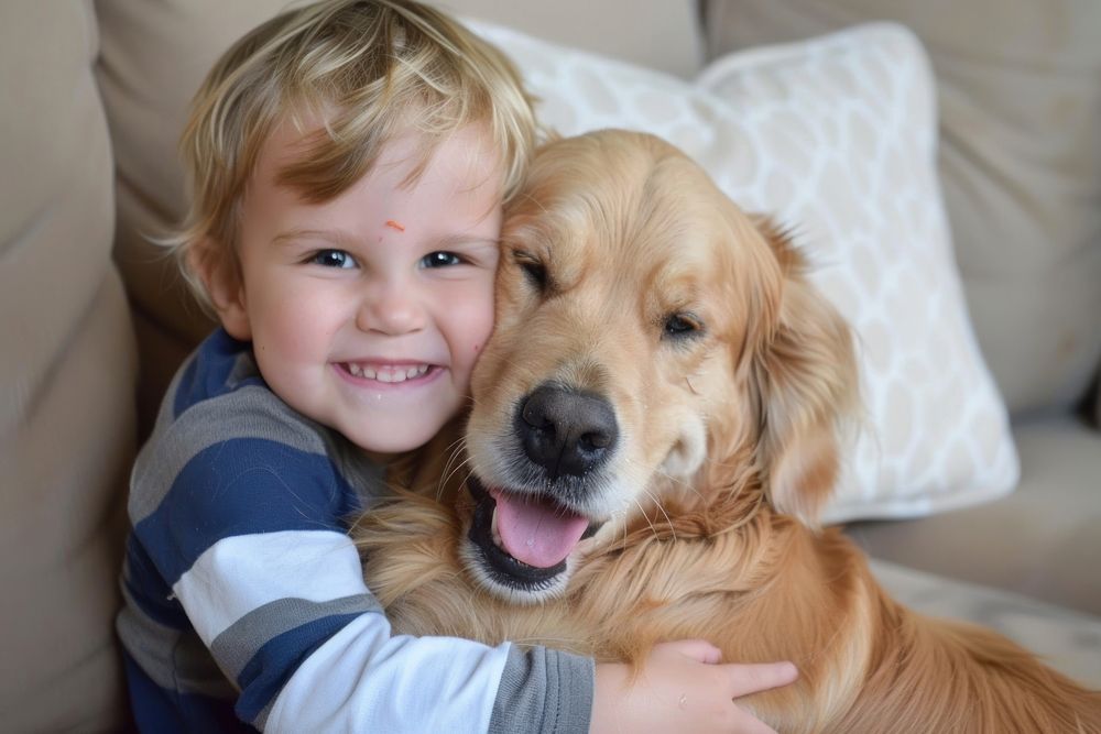 Happy boy hugging dog portrait mammal animal.